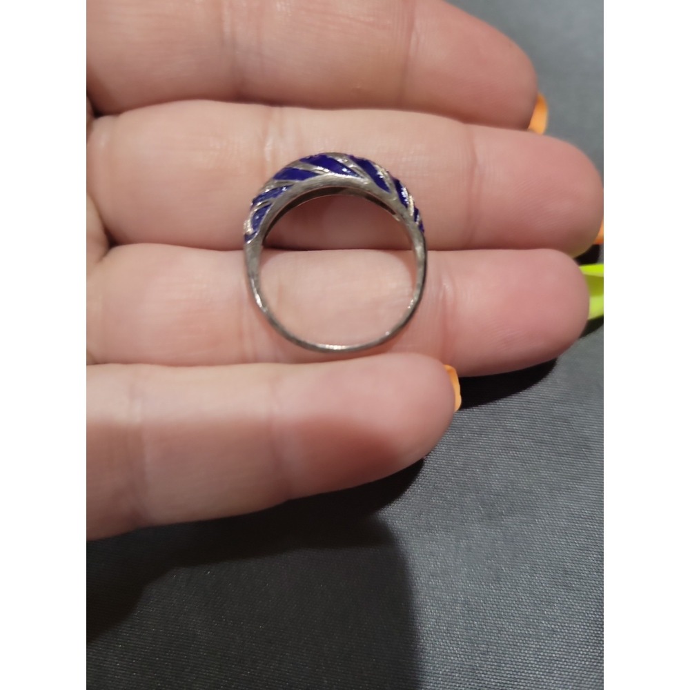 VINTAGE CHINESE EXPORT STERLING SILVER ENAMEL CLOISONNE BLUE BAND RING SIZE 7.5 - Picture 9 of 11